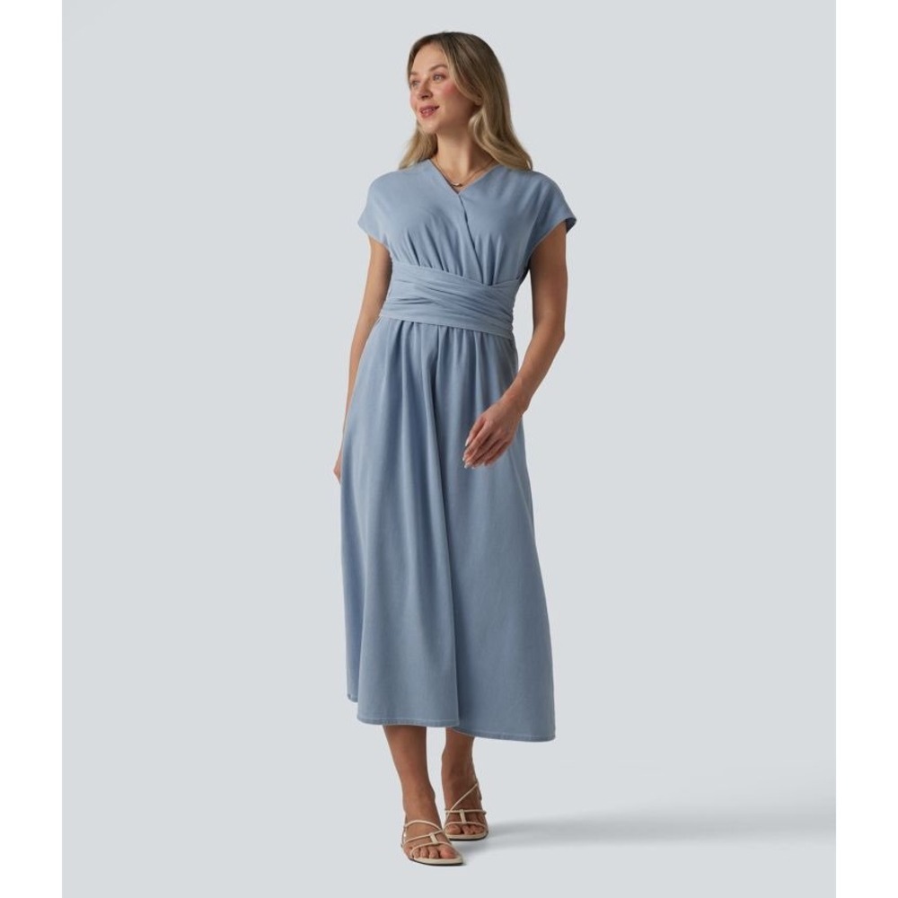 Halara Breezeful Wrap Maxi Dress Women Medium Blue NEW V-Neck Cap Sleeve Tie